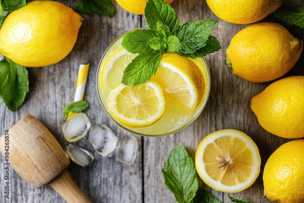 A top-down view of a refreshing lemon drink in a glass, filled with large slices of lemon A top-down view of a refreshing lemon drink in a glass, filled with large slices of lemon