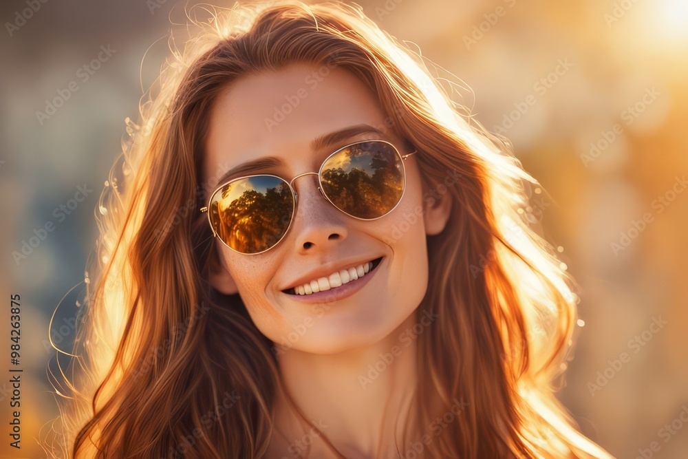 Golden Hour Radiance: A woman with long, flowing red hair smiles brightly as she gazes into the camera, her golden-rimmed sunglasses reflecting the warm glow of the setting sun. Golden Hour Radiance: A woman with long, flowing red hair smiles brightly as she gazes into the camera, her golden-rimmed sunglasses reflecting the warm glow of the setting sun.