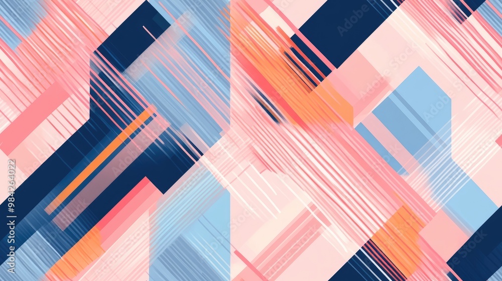 Abstract seamless modern pattern featuring a regularly repeating geometric grid with rhombuses stripes and rectangles in shades of pink blue and orange Raster element for graphic design Abstract seamless modern pattern featuring a regularly repeating geometric grid with rhombuses stripes and rectangles in shades of pink blue and orange Raster element for graphic design