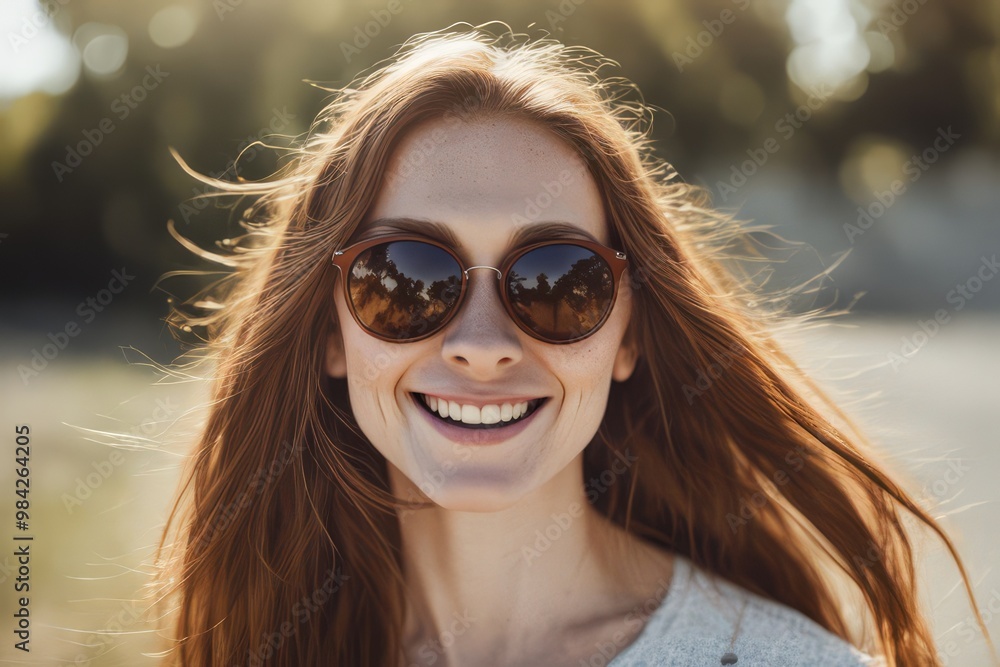 Radiant Redhead in Sunglasses: A captivating portrait of a young woman with long auburn hair, wearing stylish sunglasses, smiling radiantly outdoors on a sunny day. Radiant Redhead in Sunglasses: A captivating portrait of a young woman with long auburn hair, wearing stylish sunglasses, smiling radiantly outdoors on a sunny day.