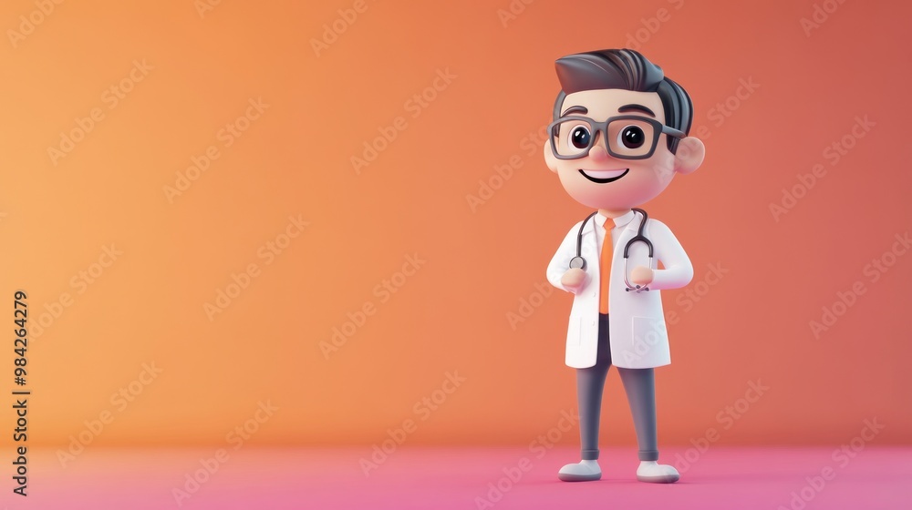 A smiling cartoon doctor in a white coat stands on a pink and orange background, holding a stethoscope. A smiling cartoon doctor in a white coat stands on a pink and orange background, holding a stethoscope.