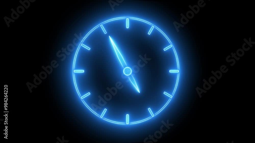 Glowing neon blue color clock animation icon on black background.