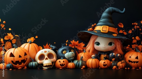 Cute Halloween Pumpkin Characters and Decorations Set in Autumn Themed Backgrounds