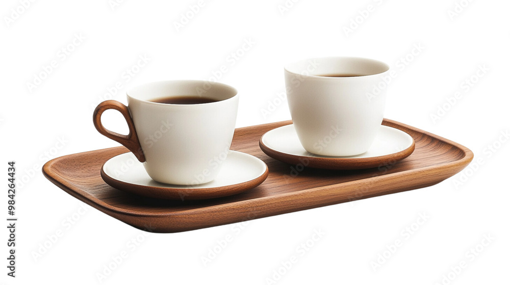 Two white cups and saucers on a wooden tray Two white cups and saucers on a wooden tray