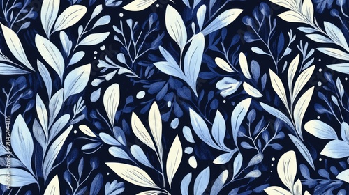 Blue abstract seamless pattern featuring floral motifs stylized with leaves in a vintage boho ethnic style