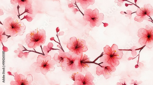 Fototapeta Naklejka Na Ścianę i Meble -  Watercolor seamless pattern featuring Japanese cherry blossom sakura flowers Ideal template for decorating designs and illustrations