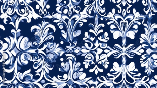 Blue and white symmetrical seamless texture background Versatile print for textiles or fabric Elegant pattern suitable for clothing design Decorative tracery ideal for handcrafted or printed items