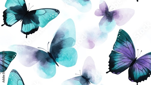 Endless print A seamless background pattern featuring delicate teal black purple and white abstract watercolor butterflies
