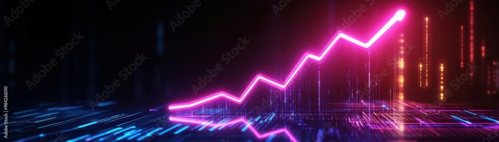 A graph made of glowing neon lights rising sharply, illustrating rapid business growth in the digital age A graph made of glowing neon lights rising sharply, illustrating rapid business growth in the digital age