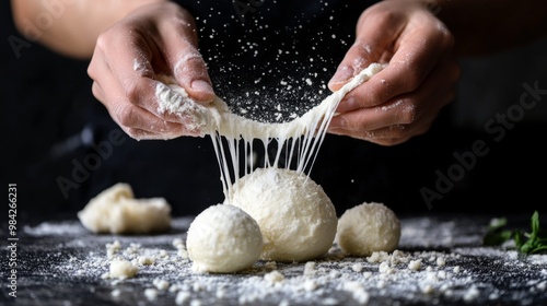 Fresh Mozzarella Cheese Stretch with Hands photo