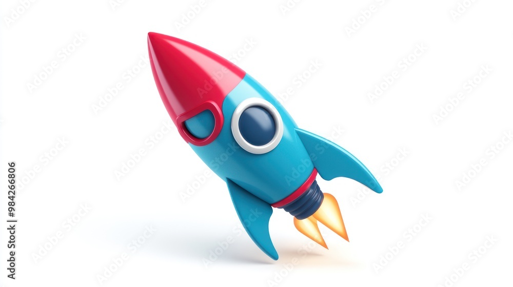 A cartoon-style rocket ship with red, blue and yellow coloring on a white background. A cartoon-style rocket ship with red, blue and yellow coloring on a white background.