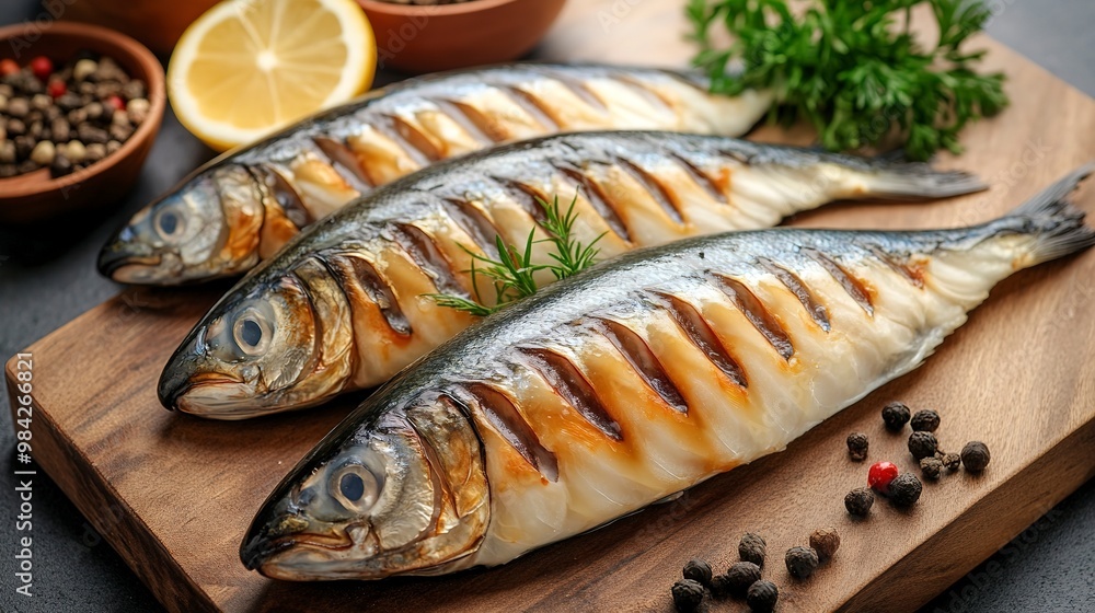 Mackerel, smoked fish with omega 3 fat, bar food on table Mackerel, smoked fish with omega 3 fat, bar food on table