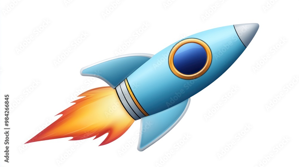 A cartoon blue rocket ship with a yellow and red flame illustration. A cartoon blue rocket ship with a yellow and red flame illustration.