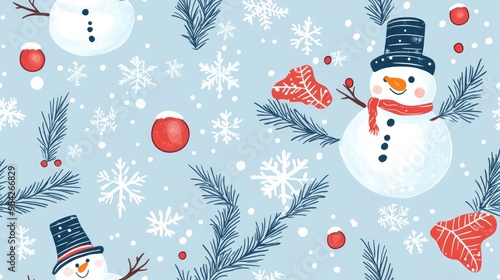 Seamless winter pattern featuring snowman fir branches and snowflakes