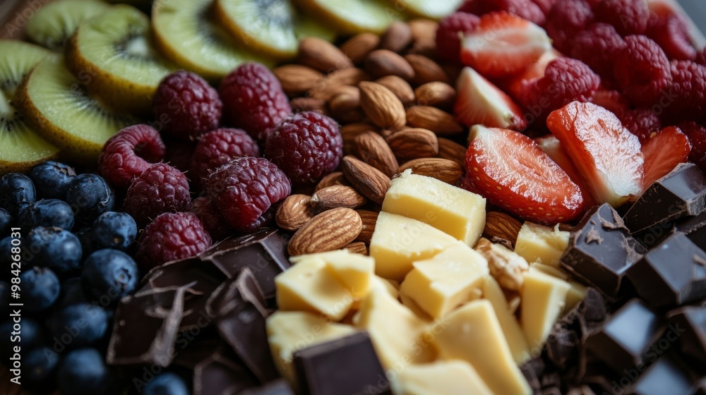 Colorful Healthy Snack Board with Fruits and Chocolates Colorful Healthy Snack Board with Fruits and Chocolates