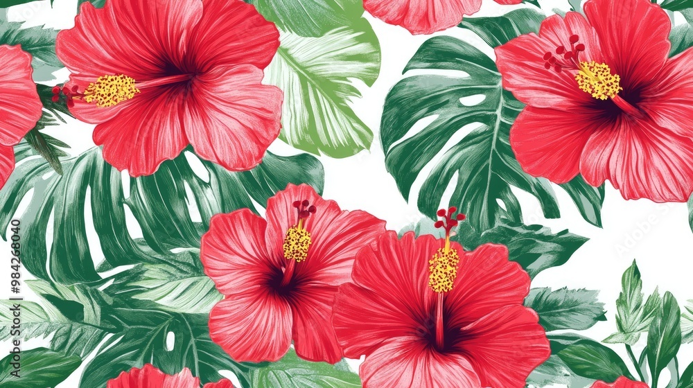 Hand drawn pattern featuring a tropical summertime motif suitable for fabric wrapping or textile design Raster seamless pattern of vibrant hibiscus flowers set against a white background depicting Hand drawn pattern featuring a tropical summertime motif suitable for fabric wrapping or textile design Raster seamless pattern of vibrant hibiscus flowers set against a white background depicting