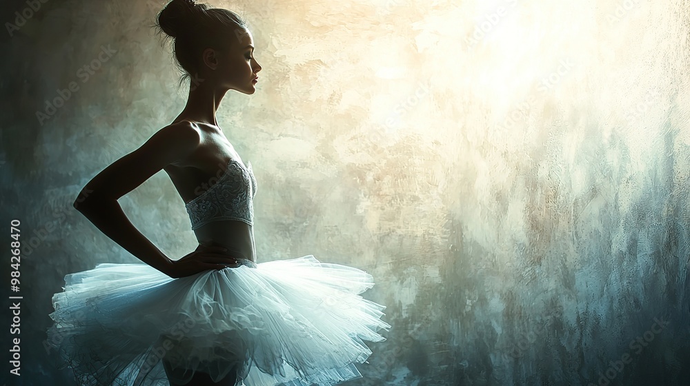 Ballerina in a white tutu standing in front of a textured wall. Ballerina in a white tutu standing in front of a textured wall.