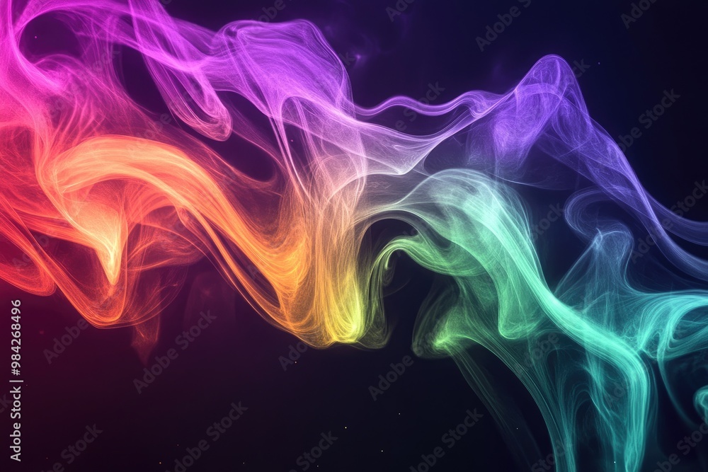 Abstract line art illustration featuring vibrant smoke in shades of violet green and orange against a black backdrop highlighting the fluid movement of the smoke Abstract line art illustration featuring vibrant smoke in shades of violet green and orange against a black backdrop highlighting the fluid movement of the smoke