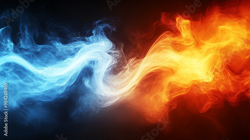 A vibrant display of blue and orange smoke swirling together against a dark background, representing the contrast of fire and ice.