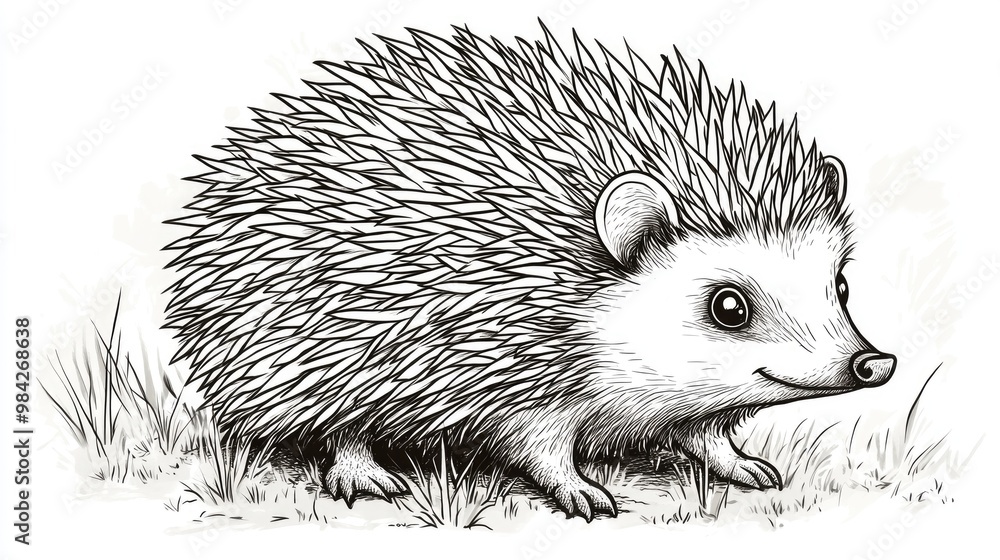 Humorous cartoon illustration of a hedgehog in line art style Humorous cartoon illustration of a hedgehog in line art style