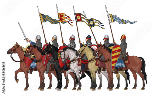 Group of Historically Accurate Early Medieval Knights on Horseback in Armour and with Various Weapons, Illustration Isolated on Transparent Background