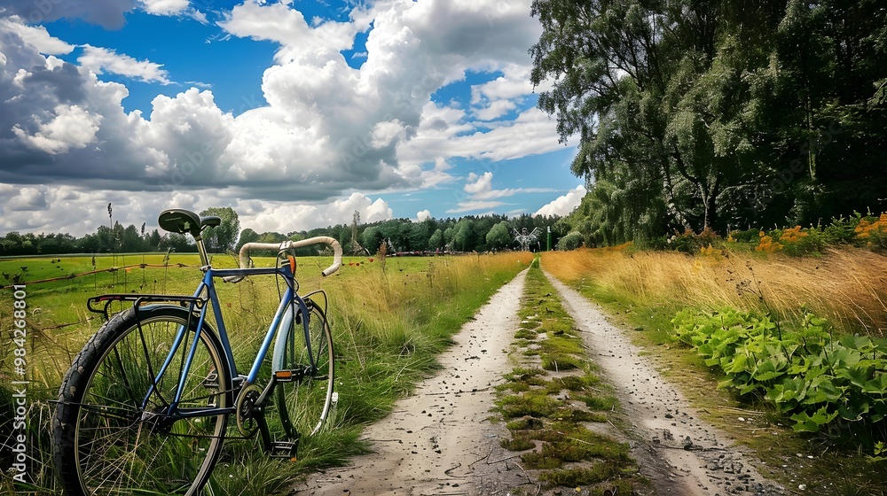 Obraz premium Bicycle Scenic Pathway Lush Greenery Vibrant Sky Serene Landscape Nature Adventure Relaxation Outdoor Journey | AI Generated