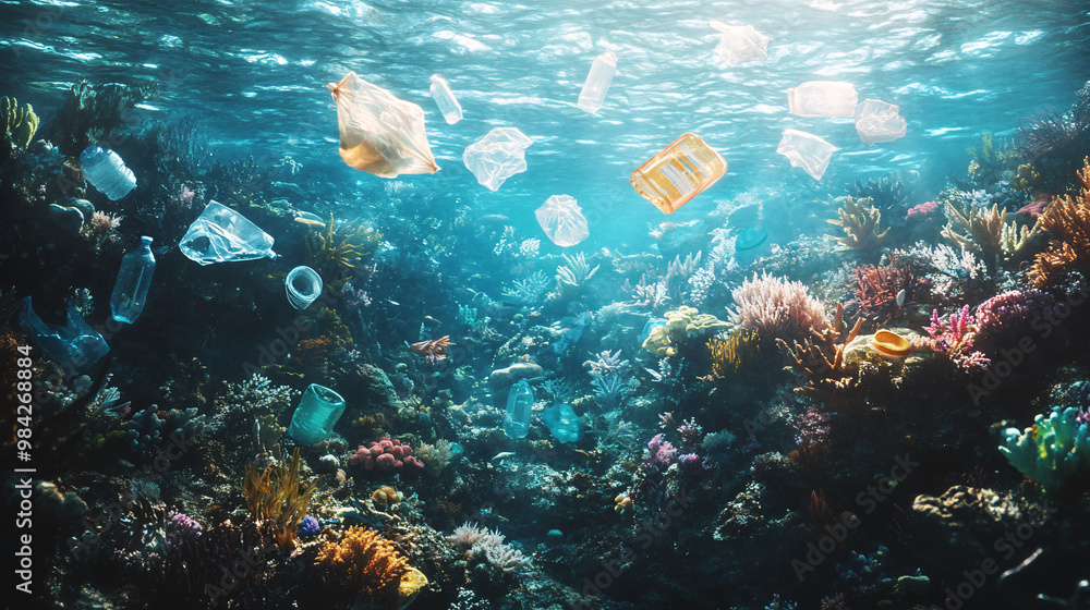 Fototapeta premium Plastic Pollution Threatens Coral Reefs