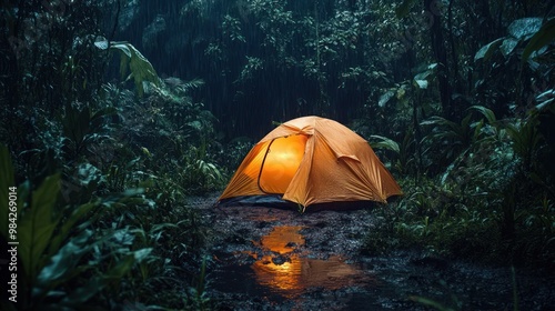 Fototapeta Naklejka Na Ścianę i Meble -  A yellow tent glows in the dark of a dense jungle forest.