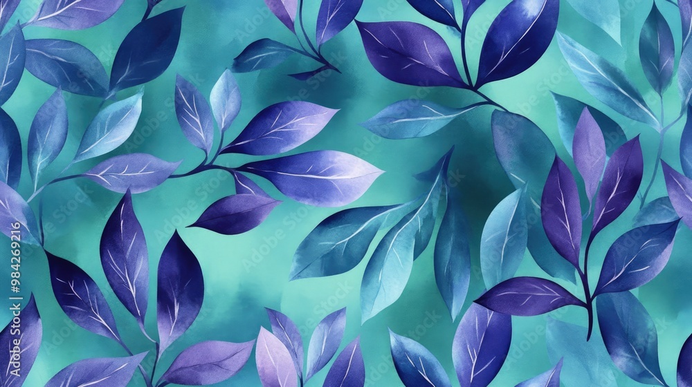Seamless pattern of hand painted watercolor leaves in blue and purple Botanical illustration on a green background Seamless pattern of hand painted watercolor leaves in blue and purple Botanical illustration on a green background