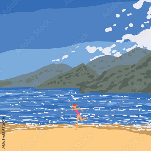 A lady is running on a windy beach scene vector art