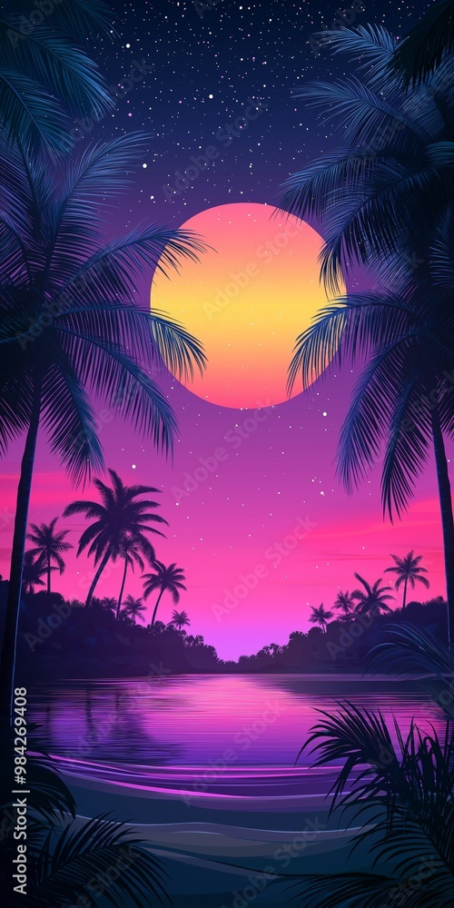Naklejka premium A tropical beach scene with a large yellow sun in the sky. The sky is a mix of purple and blue