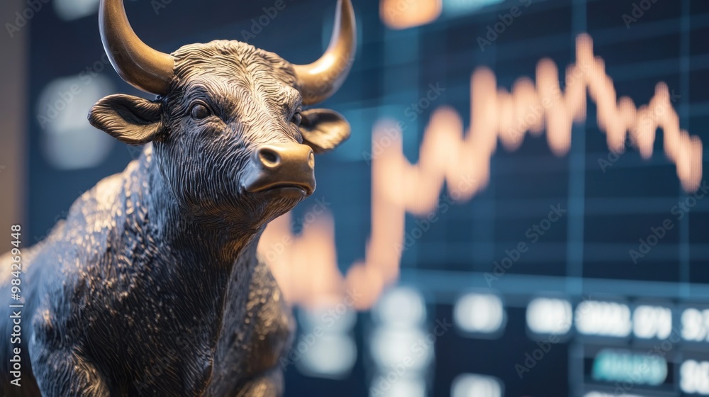 A bronze bull statue in the foreground, with a stock market chart showing a downward trend in the background. A bronze bull statue in the foreground, with a stock market chart showing a downward trend in the background.