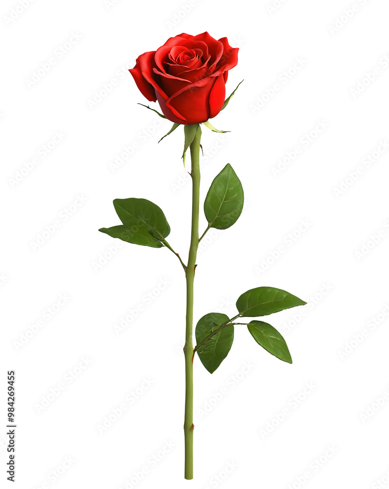 Red Rose on Long Stem with Green Leaves Isolated on Transparent Background Red Rose on Long Stem with Green Leaves Isolated on Transparent Background