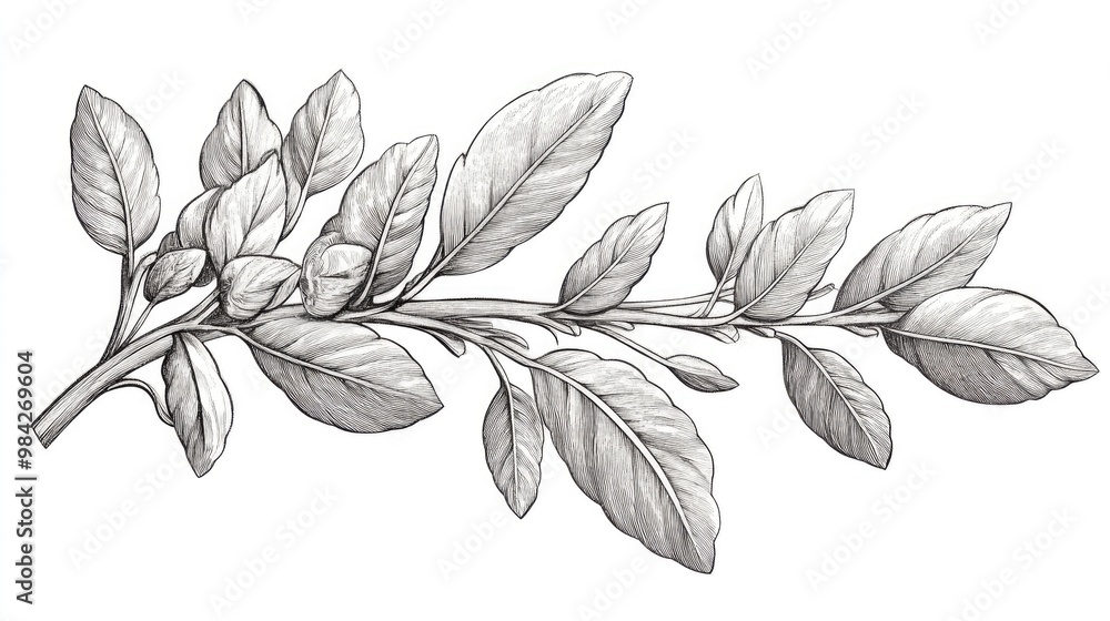 Line art illustration of a laurel intarsia panel featuring an inlaid wood branch presented as a vintage drawing or engraving Line art illustration of a laurel intarsia panel featuring an inlaid wood branch presented as a vintage drawing or engraving