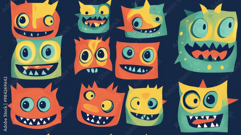 Cartoon geometric alien seamless monster square pattern suitable for wrapping paper children s clothing prints fabrics linens festive packaging and fashion textiles Cartoon geometric alien seamless monster square pattern suitable for wrapping paper children s clothing prints fabrics linens festive packaging and fashion textiles