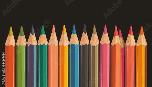 Line art illustration featuring a palette of colored pencils arranged in a row showcasing a vibrant range of hues Essential tools for creativity drawing education and artistic expression