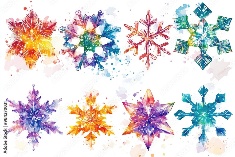 Line art illustration of colored snowflakes with a faceted glass appearance Line art illustration of colored snowflakes with a faceted glass appearance