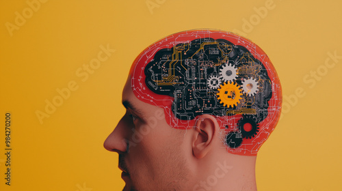 Human Brain with Gears and Circuit Elements Representing Artificial Intelligence and Thought Processes 