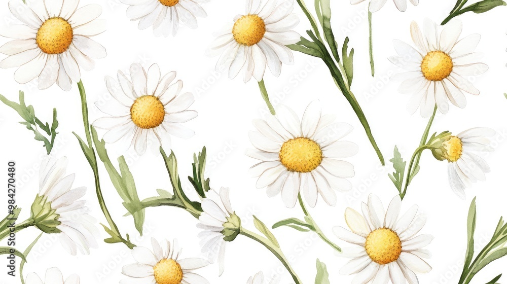 Obraz premium Seamless pattern of chamomile flowers Floral design watercolor illustration