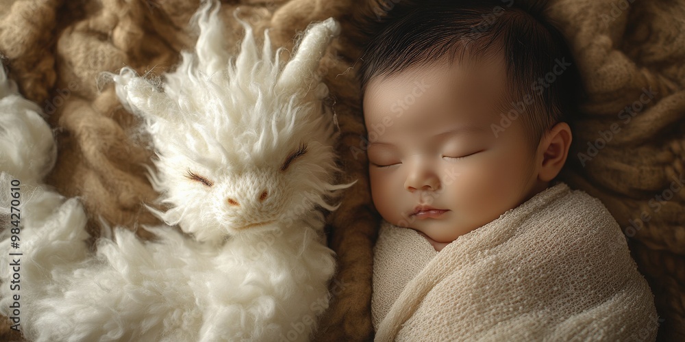Newborn baby resting with a cute fluffy dragon in magical warmth Newborn baby resting with a cute fluffy dragon in magical warmth