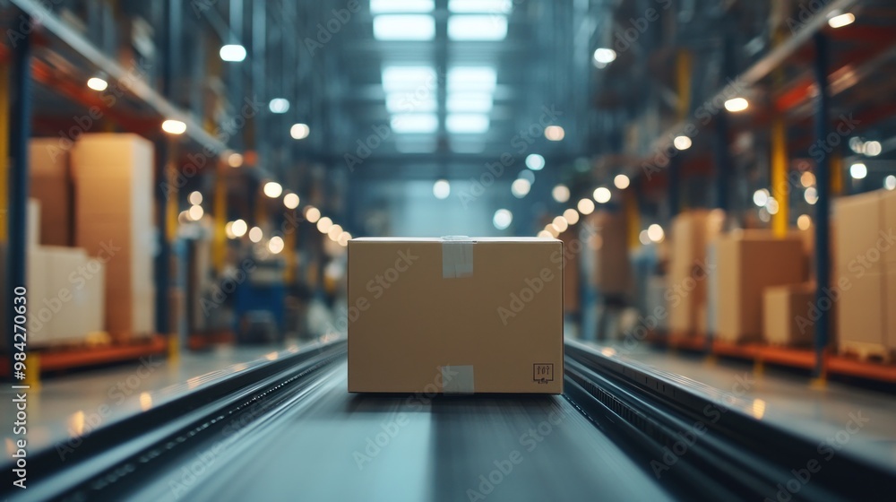 A cardboard box moves along a conveyor belt in a warehouse, with rows of shelves and lighting in the background. A cardboard box moves along a conveyor belt in a warehouse, with rows of shelves and lighting in the background.