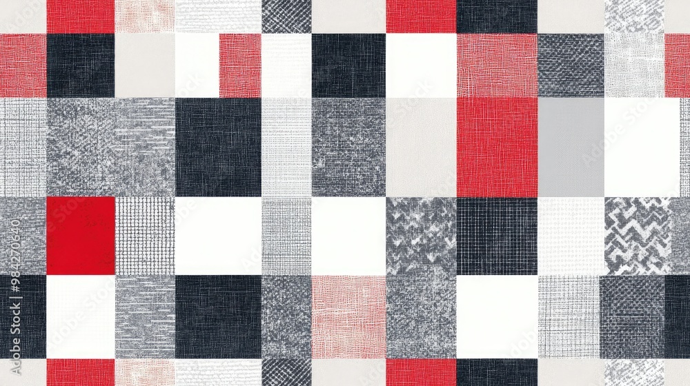 Seamless patchwork pattern featuring squares in gray white and red colors Seamless patchwork pattern featuring squares in gray white and red colors