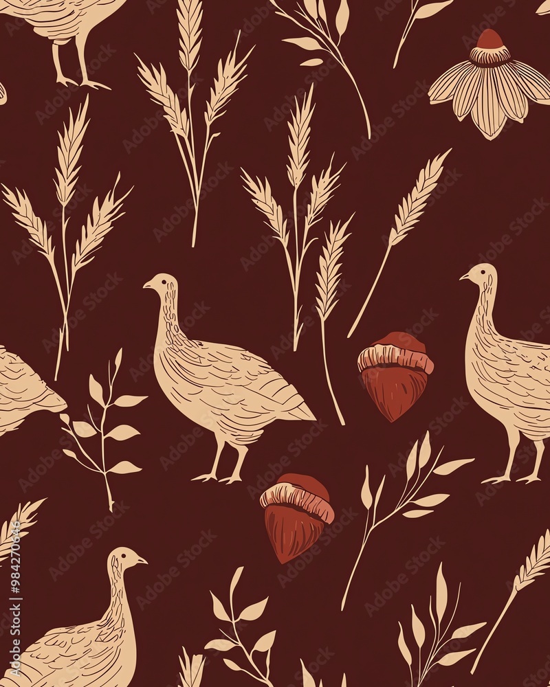 Naklejka premium Seamless pattern with birds, wheat, leaves, and flowers on a burgundy background.