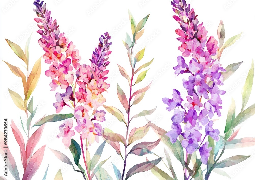 Line art illustration of butterfly bush with a floral color pattern featuring a watercolor depiction of leaves Design element Line art illustration of butterfly bush with a floral color pattern featuring a watercolor depiction of leaves Design element