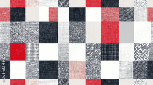 Seamless patchwork pattern featuring squares in gray white and red colors