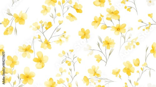 Fototapeta Naklejka Na Ścianę i Meble -  Seamless pattern featuring delicate small yellow flowers on a white background ideal for spring and summer floral designs in textiles and greeting cards