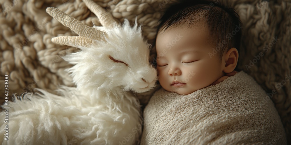 Newborn baby resting with a cute fluffy dragon in magical warmth Newborn baby resting with a cute fluffy dragon in magical warmth
