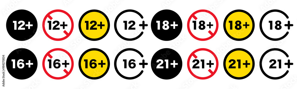 Age limit icons set. 12, 16, 18, 21 years old age limits isolated on white background. Under and over 18 not sign. Age warning numbers in circle. Vector illustration.
Age limit icons set. 12, 16, 18, 21 years old age limits isolated on white background. Under and over 18 not sign. Age warning numbers in circle. Vector illustration.