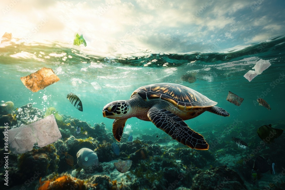 Obraz premium Sea Turtle Amid Ocean Pollution