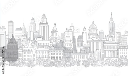 Line art illustration of an urban skyline featuring white buildings A concept highlighting business travel and tourism with a blend of historic architecture and city landmarks